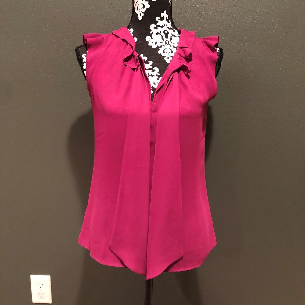 LOFT Tie Neck Ruffle Collar Sleeveless Blouse - Raspberry - XS